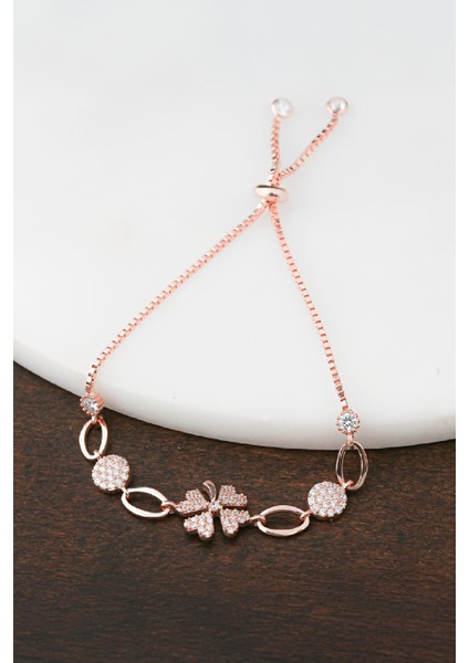 Yonca Motifli Zirkon Taşlı Rose Gümüş Bayan Bileklik