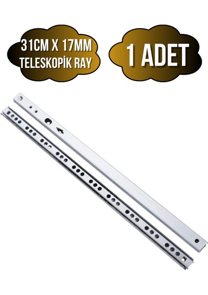 Teleskobik 17MM Çekmece Rayı Gömme Bilyeli Ince RAY(17MM)(TAKIM)(KROM)