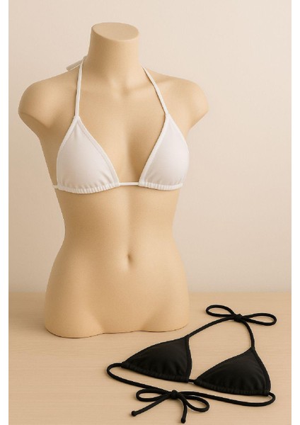 Kadın Siyah ve Beyaz Minimal Kesim Üçgen Bikini Üstü fiyatları