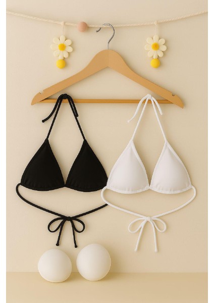 Kadın Siyah ve Beyaz Minimal Kesim Üçgen Bikini Üstü