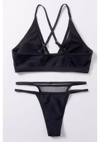 Kadın Siyah File Detaylı Özel Bikini Takımı