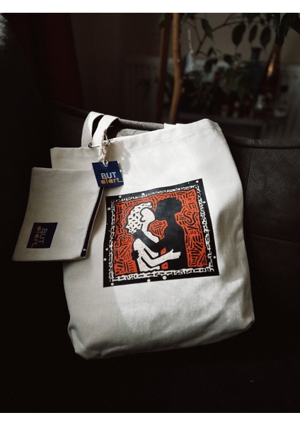 Dikey I %100 Ham Gabardin Kumaş Çanta I Kiss Of Life I 35X45CM Cüzdanlı Bez Çanta