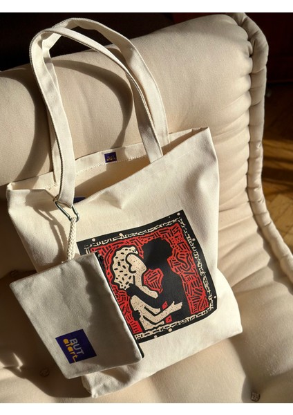 Dikey I %100 Ham Gabardin Kumaş Çanta I Kiss Of Life I 35X45CM Cüzdanlı Bez Çanta modelleri