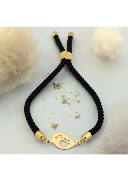 14 Ayar Plakalı Altın Kübra Ismine Özel Siyah Örgülü Sevgi Kuşu Motifli Hediye BILEKLIK-610ISIM