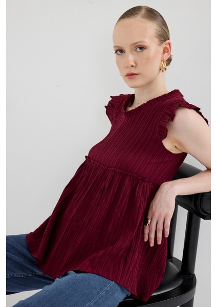 Bordo Fırfır Kol Detaylı Bluz 8053A