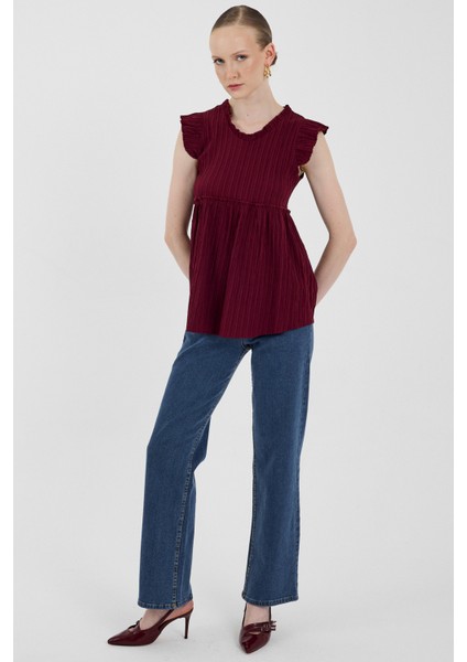 Bordo Fırfır Kol Detaylı Bluz 8053A modelleri