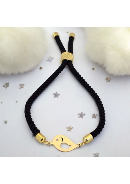 Altın Plakalı 14 Ayar T Harfine Özel Siyah Örgülü Sevgi Kuşu Motifli Hediye BILEKLIK-610HARF