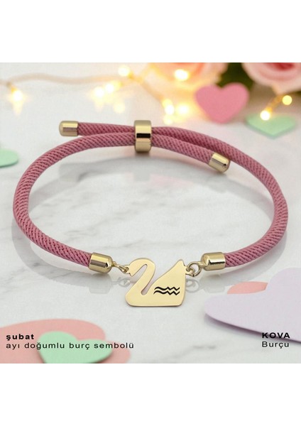 Şubat Ayı Doğumlarına 14 Ayar Altın Plakalı Pembe Örgülü Kuğu Kuşu Motifli Hediye BILEKLIK-609AY fiyatları