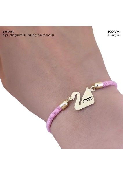 Şubat Ayı Doğumlarına 14 Ayar Altın Plakalı Pembe Örgülü Kuğu Kuşu Motifli Hediye BILEKLIK-609AY fırsatları