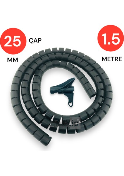 25MM 1,5 Metre Yarıklı Spiral Kablo Kanalı Hortum – Kablo Gizleme ve Izolasyon Borusu, Esneksiyah