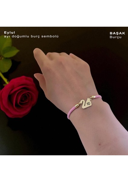 Eylül Ayı Doğumlarına Pembe Örgülü Kuğu Kuşu Motifli 14 Ayar Altın Plakalı Hediye BILEKLIK-609AY