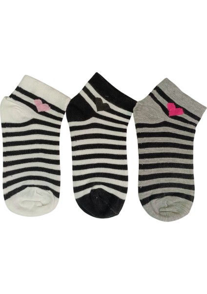 Kadın 3'lü Kalp Desenli Çizgili Patik Çorap