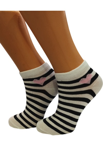 Kadın 3'lü Kalp Desenli Çizgili Patik Çorap modelleri
