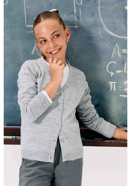 Kız Çocuk V Yaka Düğmeli Okul Triko Hırkası E7708A825AU