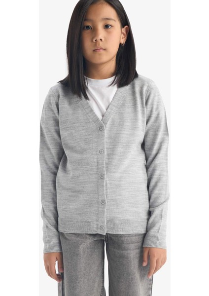 Kız Çocuk V Yaka Düğmeli Okul Triko Hırkası E7708A825AU