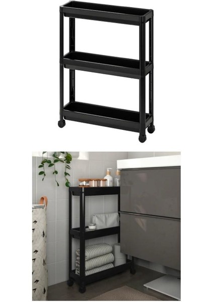 Çok Amaçlı Raf Ünitesi 3 Katlı Slim Tekerlekli Mutfak Banyo Düzenleyici Organizer Vesken Siyah