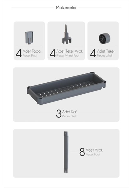 Çok Amaçlı Raf Ünitesi 3 Katlı Slim Tekerlekli Mutfak Banyo Düzenleyici Organizer Vesken Siyah fırsatları