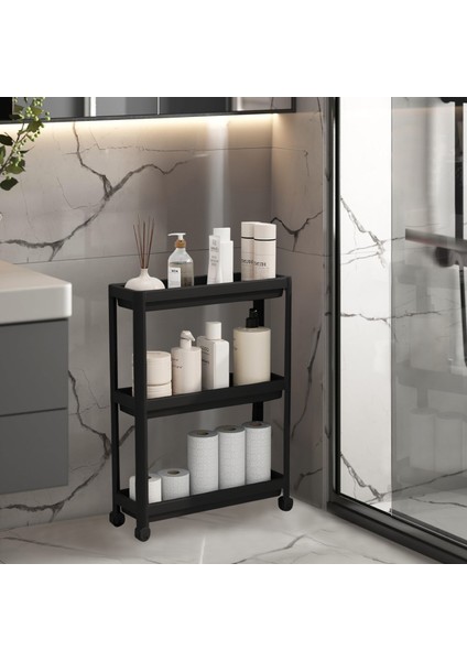 Çok Amaçlı Raf Ünitesi 3 Katlı Slim Tekerlekli Mutfak Banyo Düzenleyici Organizer Vesken Siyah