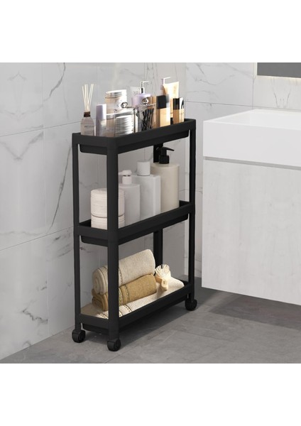 Çok Amaçlı Raf Ünitesi 3 Katlı Slim Tekerlekli Mutfak Banyo Düzenleyici Organizer Vesken Siyah