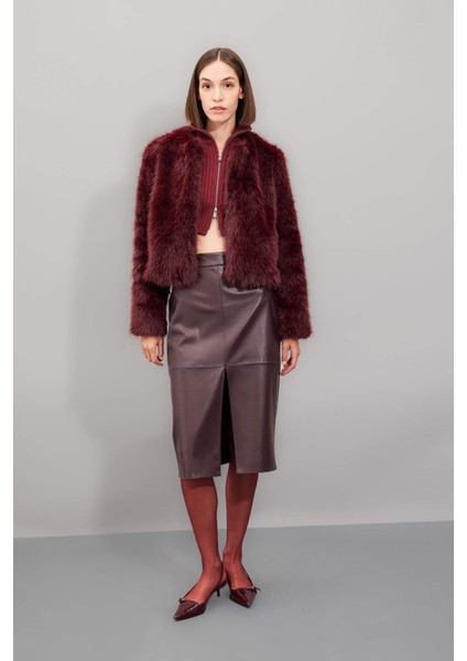 Yüksek Bel Penye Astarlı Yırtmaçlı Midi Suni Deri Bordo Kalem Etek D4638AX24AU