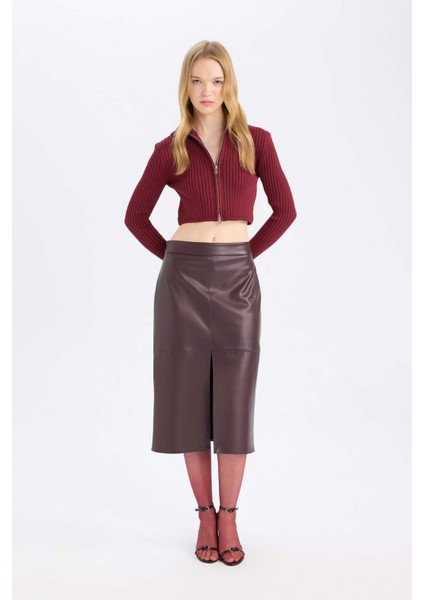 Yüksek Bel Penye Astarlı Yırtmaçlı Midi Suni Deri Bordo Kalem Etek D4638AX24AU