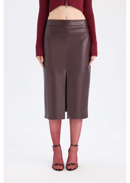 Yüksek Bel Penye Astarlı Yırtmaçlı Midi Suni Deri Bordo Kalem Etek D4638AX24AU
