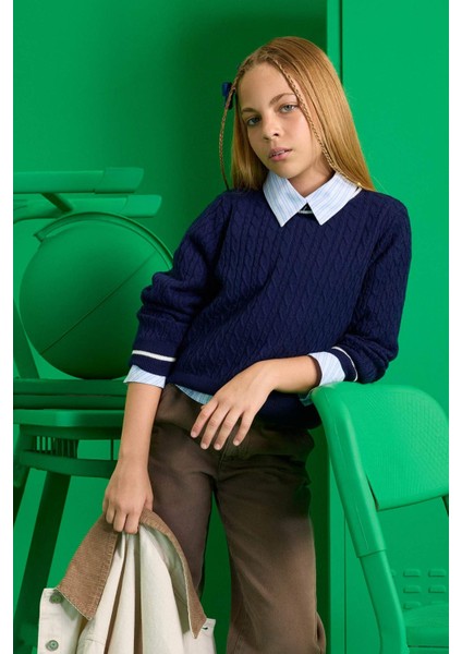 Kız Çocuk Okul Standart Fit Bisiklet Yaka Triko Kazak E7740A825AU