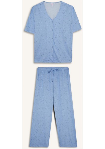 Pijama Takımı Regular Fit V Yaka Düğmeli Kısa Kollu Üst Uzun Alt-Fall in Love F7548AX25AU