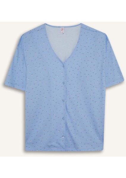 Pijama Takımı Regular Fit V Yaka Düğmeli Kısa Kollu Üst Uzun Alt-Fall in Love F7548AX25AU