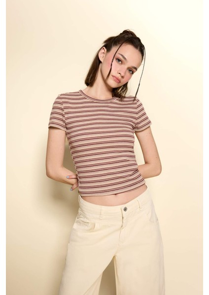 Fitted Bisiklet Yaka Ribana Çizgili Kısa Kollu Tişört F7822AX25AU