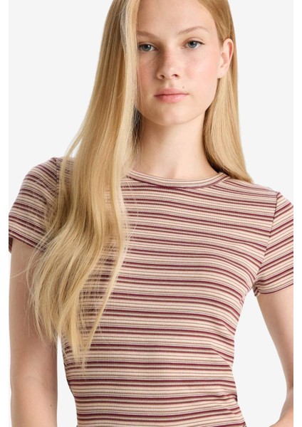 Fitted Bisiklet Yaka Ribana Çizgili Kısa Kollu Tişört F7822AX25AU