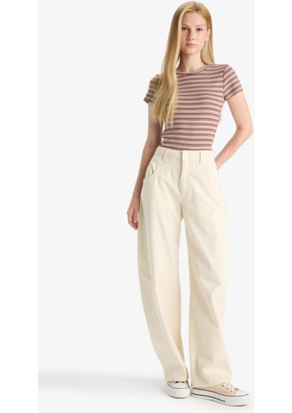 Fitted Bisiklet Yaka Ribana Çizgili Kısa Kollu Tişört F7822AX25AU