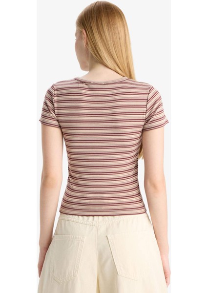 Fitted Bisiklet Yaka Ribana Çizgili Kısa Kollu Tişört F7822AX25AU