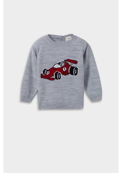 Erkek Bebek Bisiklet Yaka Araba Baskılı Triko Kazak F2586A525WN