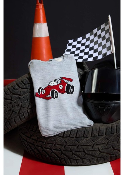 Erkek Bebek Bisiklet Yaka Araba Baskılı Triko Kazak F2586A525WN