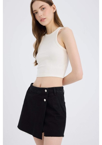 Yüksek Bel Jean Şort Etek