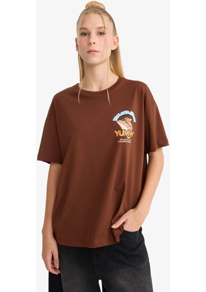 Tom & Jerry Oversize Geniş Kalıp Bisiklet Yaka Sırt Baskılı Kısa Kollu Tişört F8833AX25AU