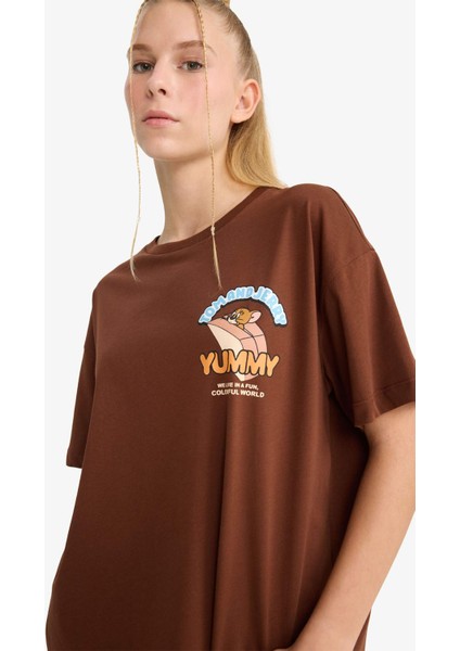 Tom & Jerry Oversize Geniş Kalıp Bisiklet Yaka Sırt Baskılı Kısa Kollu Tişört F8833AX25AU