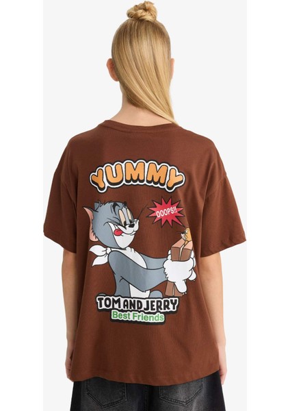 Tom & Jerry Oversize Geniş Kalıp Bisiklet Yaka Sırt Baskılı Kısa Kollu Tişört F8833AX25AU