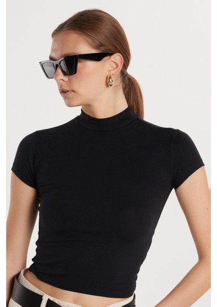 Kadın Modal Kumaş Slim Fit Dar Kesim Dik Yaka Siyah Bluz