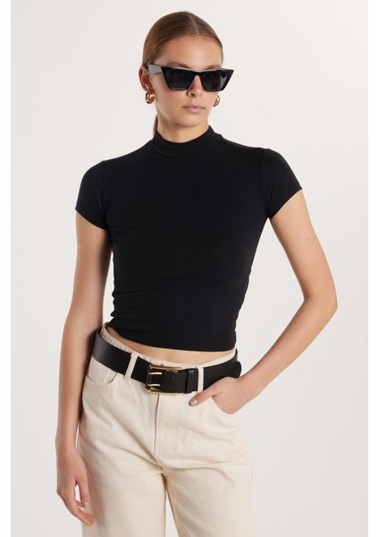 Kadın Modal Kumaş Slim Fit Dar Kesim Dik Yaka Siyah Bluz fiyatları