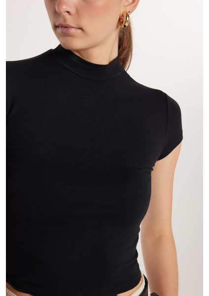 Kadın Modal Kumaş Slim Fit Dar Kesim Dik Yaka Siyah Bluz modelleri