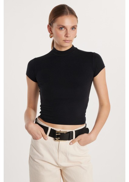 Kadın Modal Kumaş Slim Fit Dar Kesim Dik Yaka Siyah Bluz fırsatları