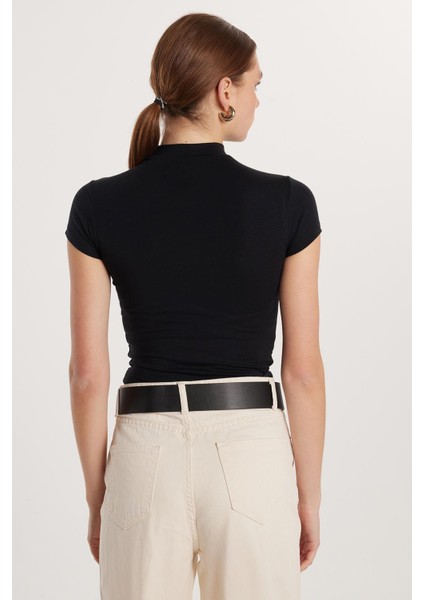 Kadın Modal Kumaş Slim Fit Dar Kesim Dik Yaka Siyah Bluz indirimleri