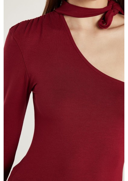Kadın Standart Fit Fitilli Tek Kol Asimetrik Yaka Bordo Bluz fiyatları