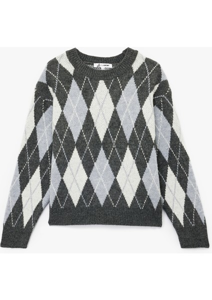 Uzun Kollu Bisiklet Yaka Baklava Desenli Triko Kazak