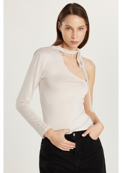 Kadın Standart Fit Fitilli Tek Kol Asimetrik Yaka Taş Renk Bluz modelleri