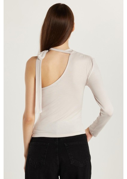 Kadın Standart Fit Fitilli Tek Kol Asimetrik Yaka Taş Renk Bluz indirimleri