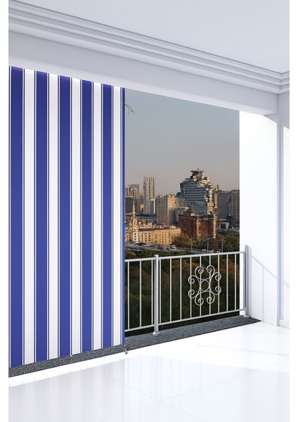 Mavi Beyaz Su Geçirmez Çizgili Kornişli Balkon Perdesi Branda