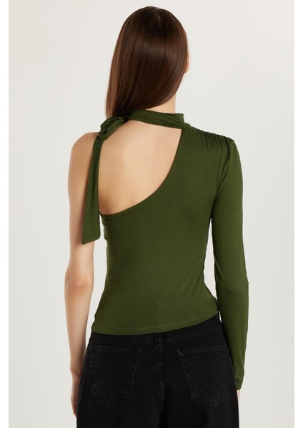 Kadın Standart Fit Fitilli Tek Kol Asimetrik Yaka Yeşil Bluz indirimleri